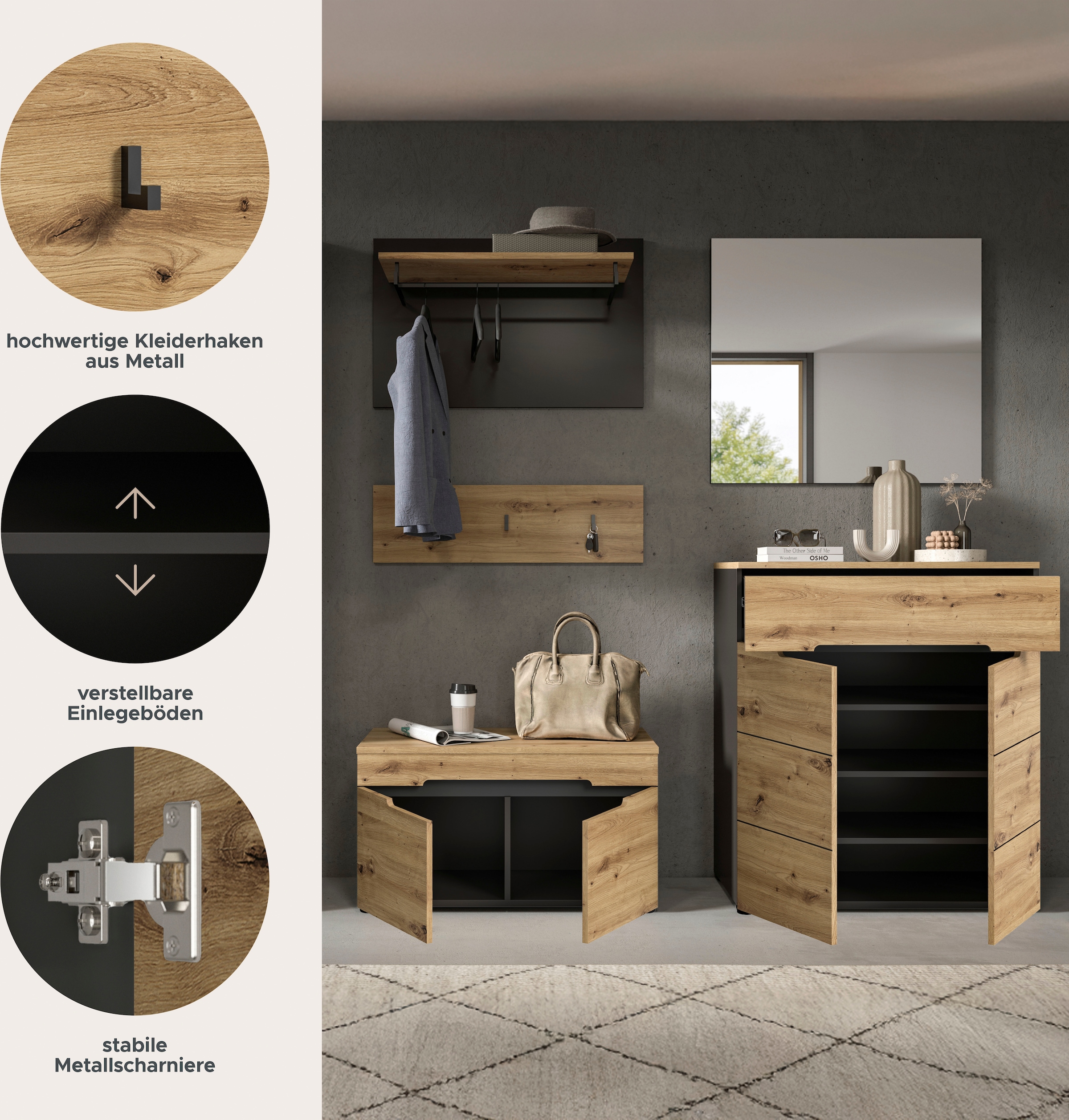 INOSIGN Garderoben-Set »REHAT, TOPSELLER!, 5-teilig, Breite 175cm, individuell stellbar« bestehend aus: Sitzbank, Paneel, Hakenleiste, Spiegel, Kommode, 4 Stk. tlg.