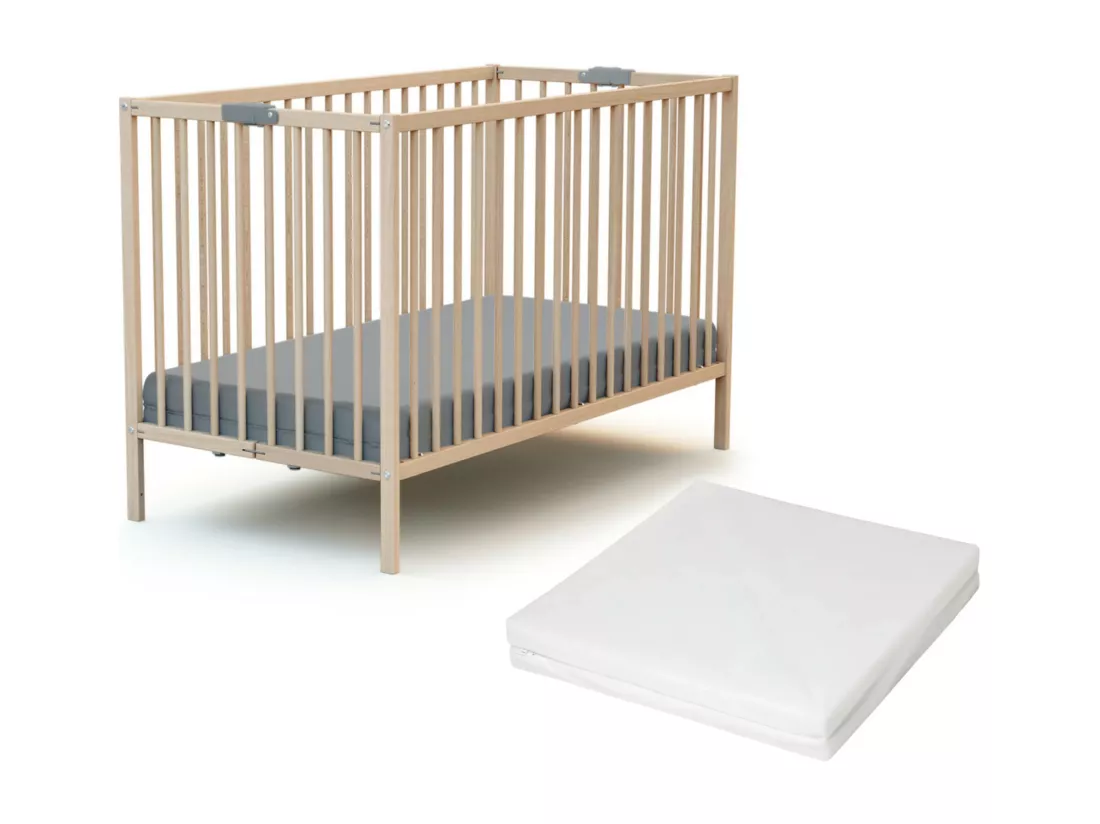Lit bébé pliant 60 x 120 en bois Hêtre Brut avec matelas