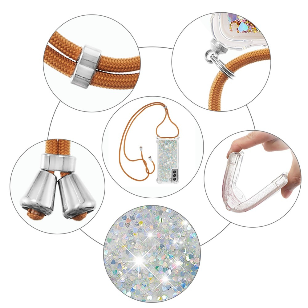 Samsung Galaxy S21 FE 5G Necklace Gummi Hülle Liquid Glitzer   Handykette (130cm) - Braun / Silber