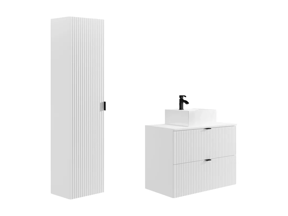 Meuble de salle de bain suspendu strié avec vasque à poser et colonne - Blanc mat - 80 cm - ZEVINI
