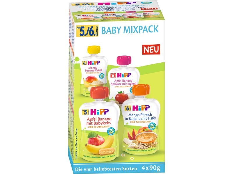 HIPP Quetschbeutel Bio Baby Mixpack 4x 90 g Vier beliebtesten Sorten in einem Paket