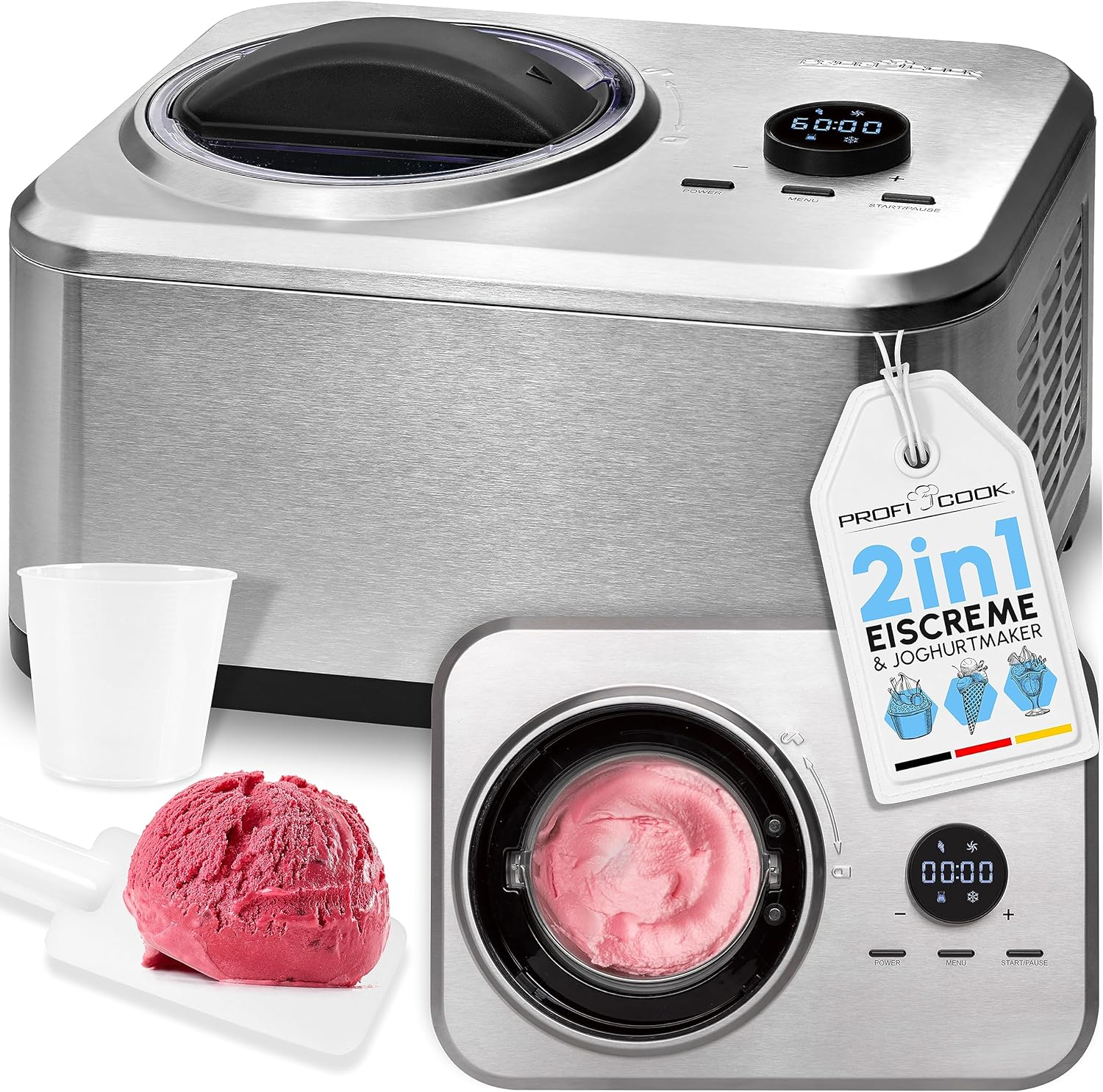 ProfiCook Eismaschine und Joghurtbereiter | Eis in 20 min. | für bis zu 1500ml | Eismaschine mit Kompressor | für Eis & Frozen Joghurt | Inkl. Rezeptvorschläge, Spachtel und Messbecher | PC ICM 1268