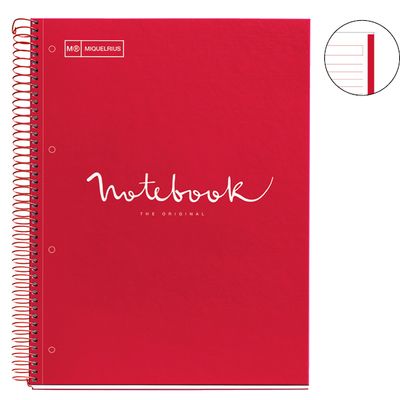 Notebook Emotions, couverture rigide, A4, lignes horizontales 7 mm, 80 feuilles de 1 couleur, Miquelrius, Rouge.