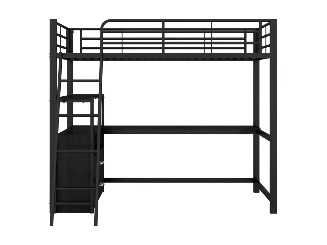 Lit mezzanine 90x200cm - bureau d'angle avec tiroirs - en MDF et métal - Noir