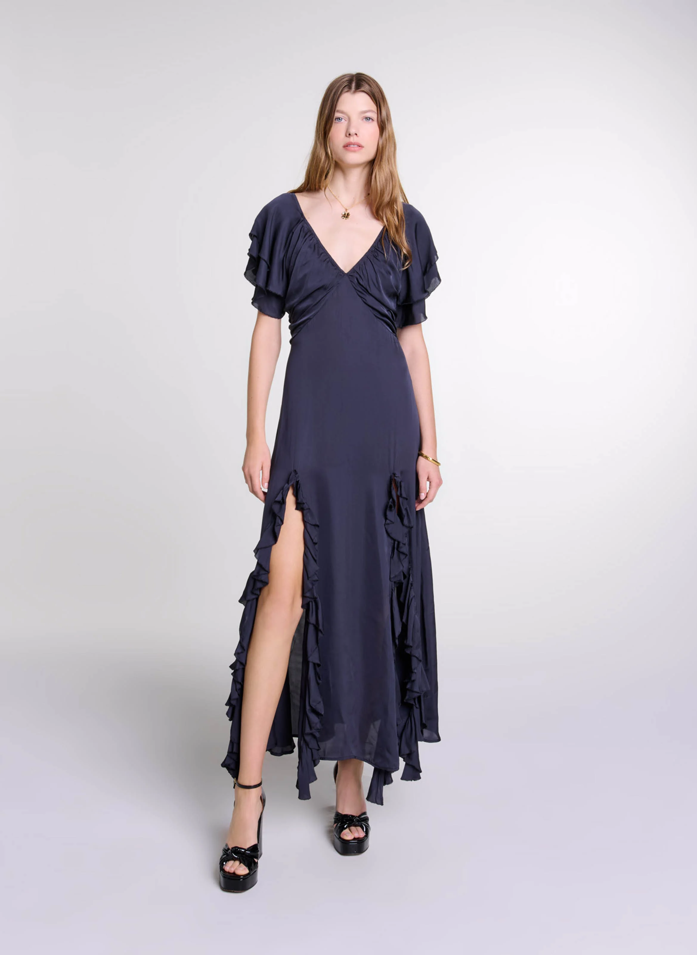 Robe longue satinée à volants| Noir