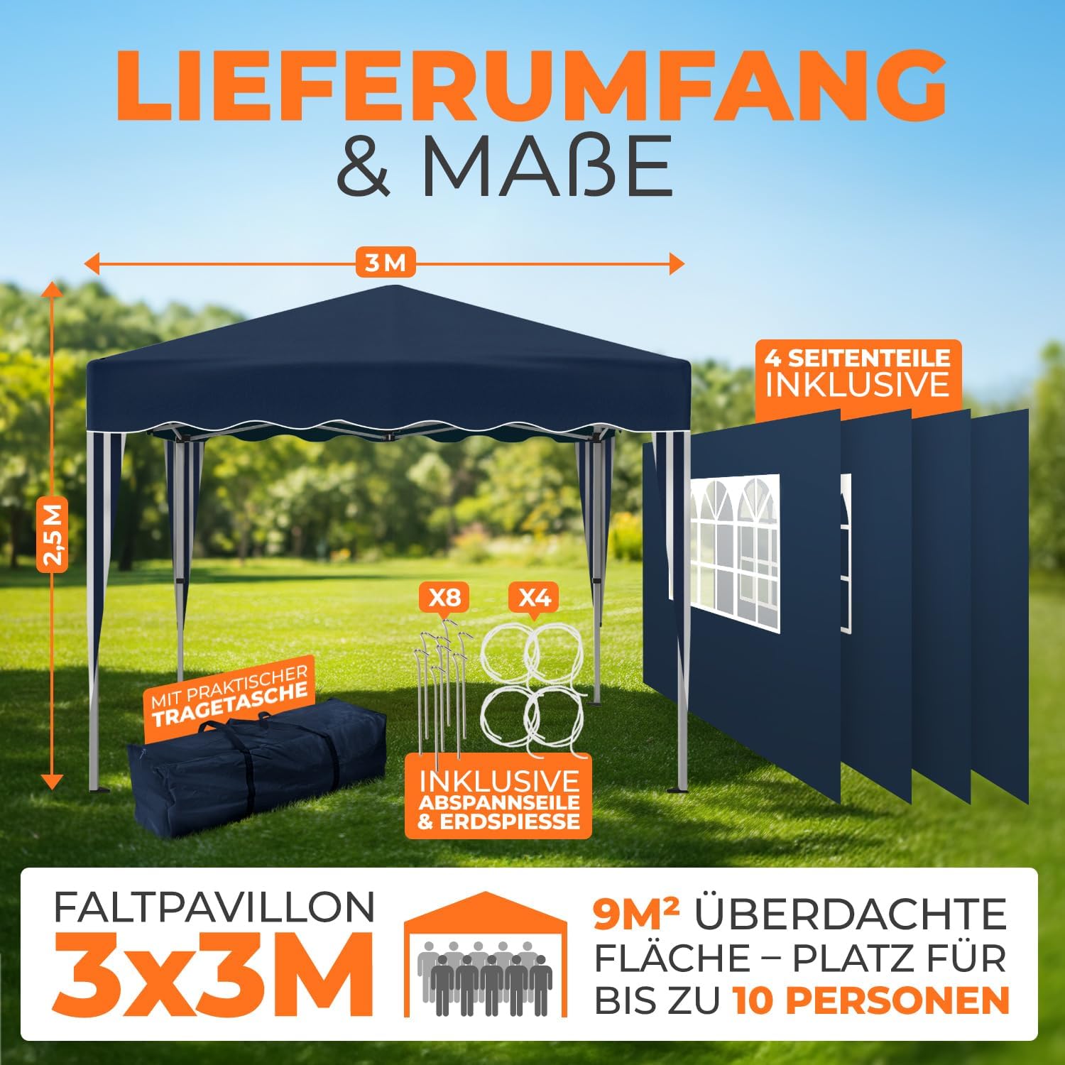 Kronenburg Faltpavillon wasserdicht Dachmaß 3 x 3 m UV Schutz 50+ Pavillon in Blau mit 4 Seitenteilen