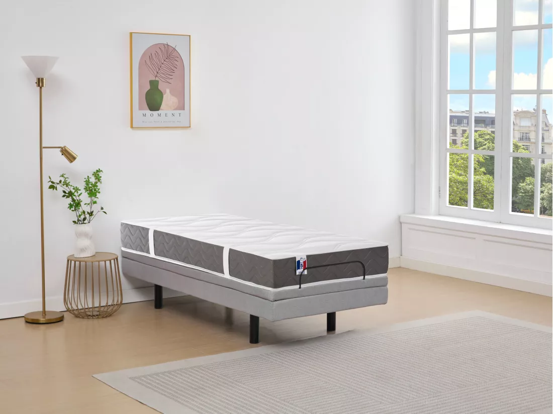 Lit électrique de relaxation déco + matelas 100% latex 3 zones - 90 x 200 cm - Tissu - Gris - PANISOLA de YSMÉE
