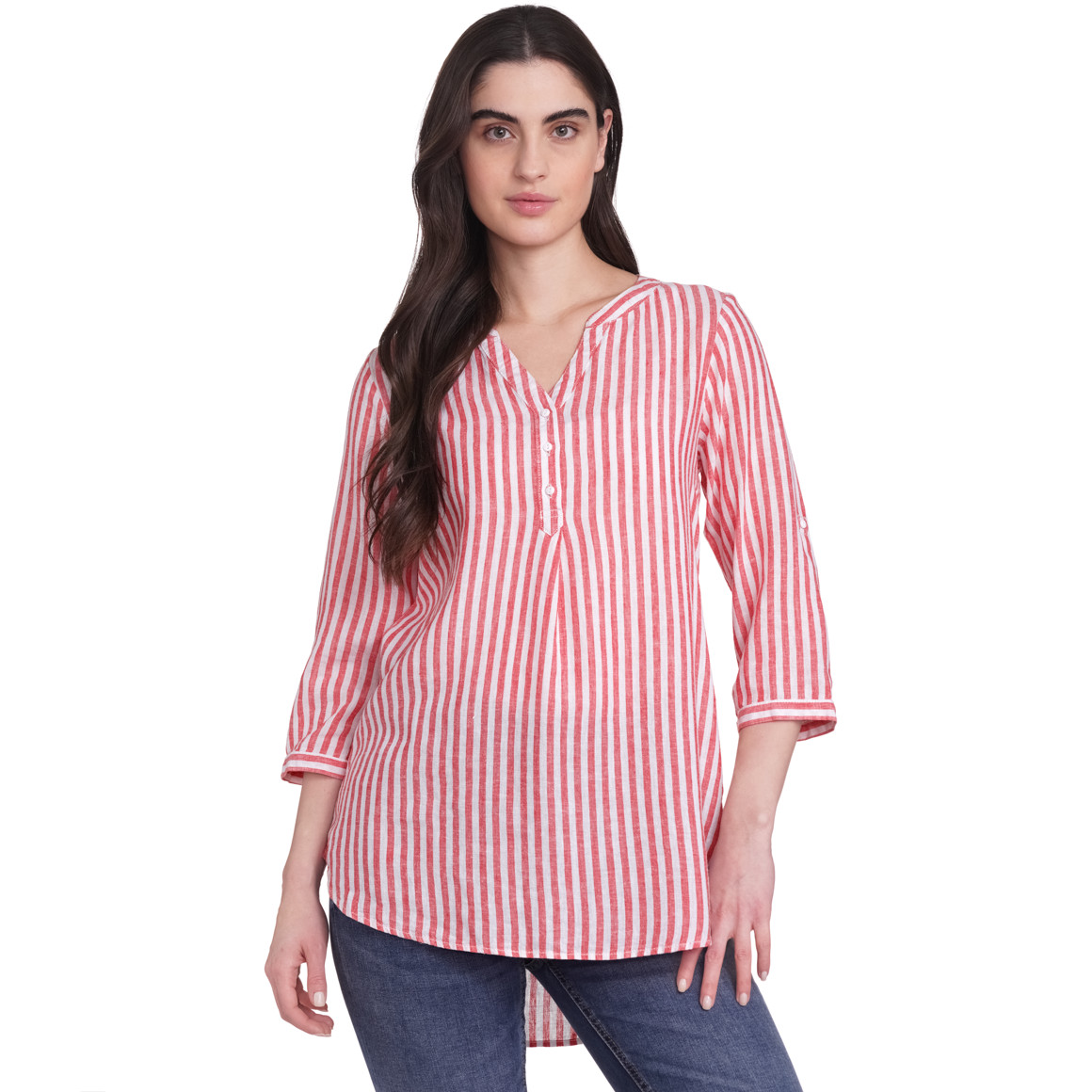 Gina Damen Leinen-Bluse mit Streifen rot / weiss