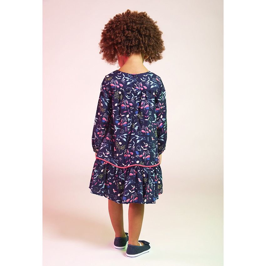Robe manches longues en voile de viscose imprimé fleuri pour bébé fille - Bleu marine