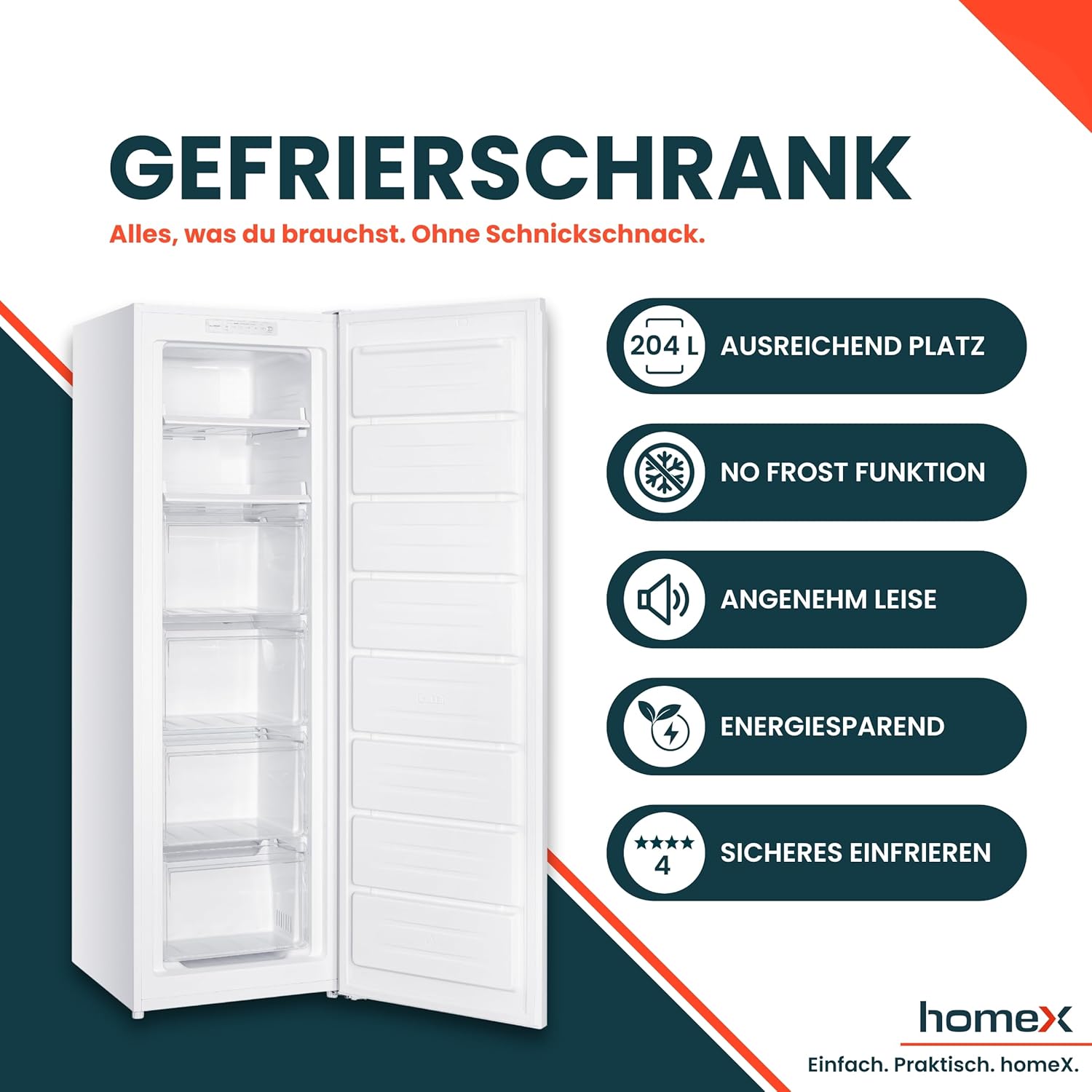 homeX Gefrierschrank NoFrost, Tiefkühlschrank groß - 204L Nutzinhalt, 4-Sterne Gefrieren, XXL Freezer, Gefrierschränke freistehend, Temperaturregelung, Super-Frost-Funktion, leise 39 dB, weiß