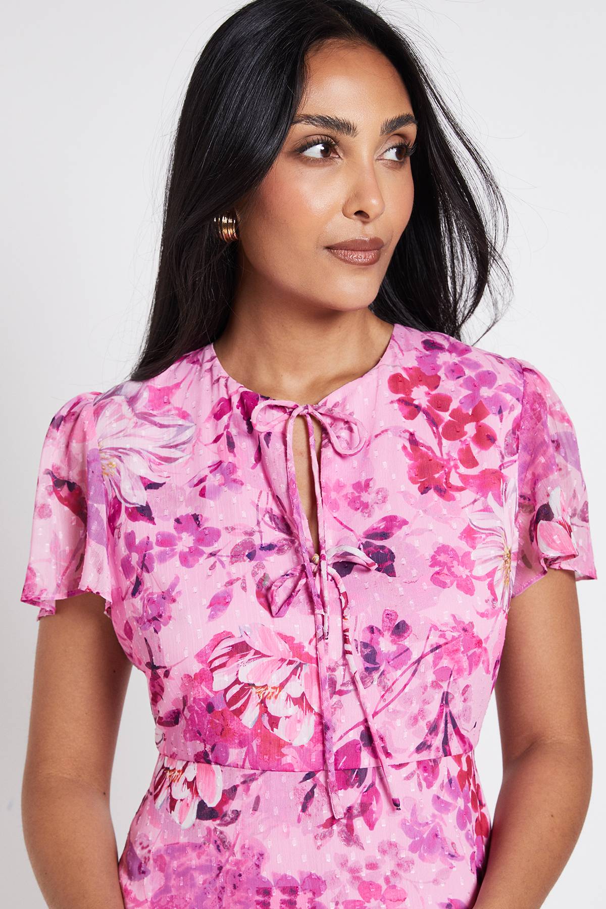 Wallis Robe Midi Petite À Motif Floral Dobby Avec Nœud Devant
