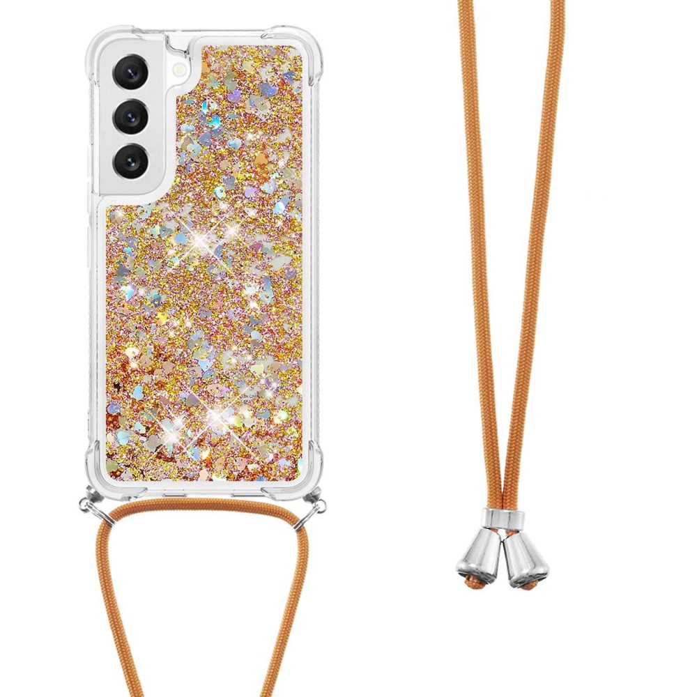 Samsung Galaxy S23 5G Necklace Gummi Hülle Liquid Glitzer   Handykette (130cm) - Braun / Gold