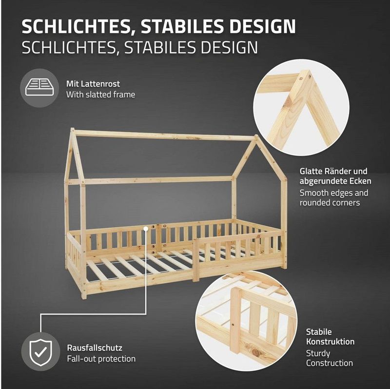 ML - Kinderbed Huisbed - Grenenhout - Incl. Matras - Uitvalbescherming - Dakframe