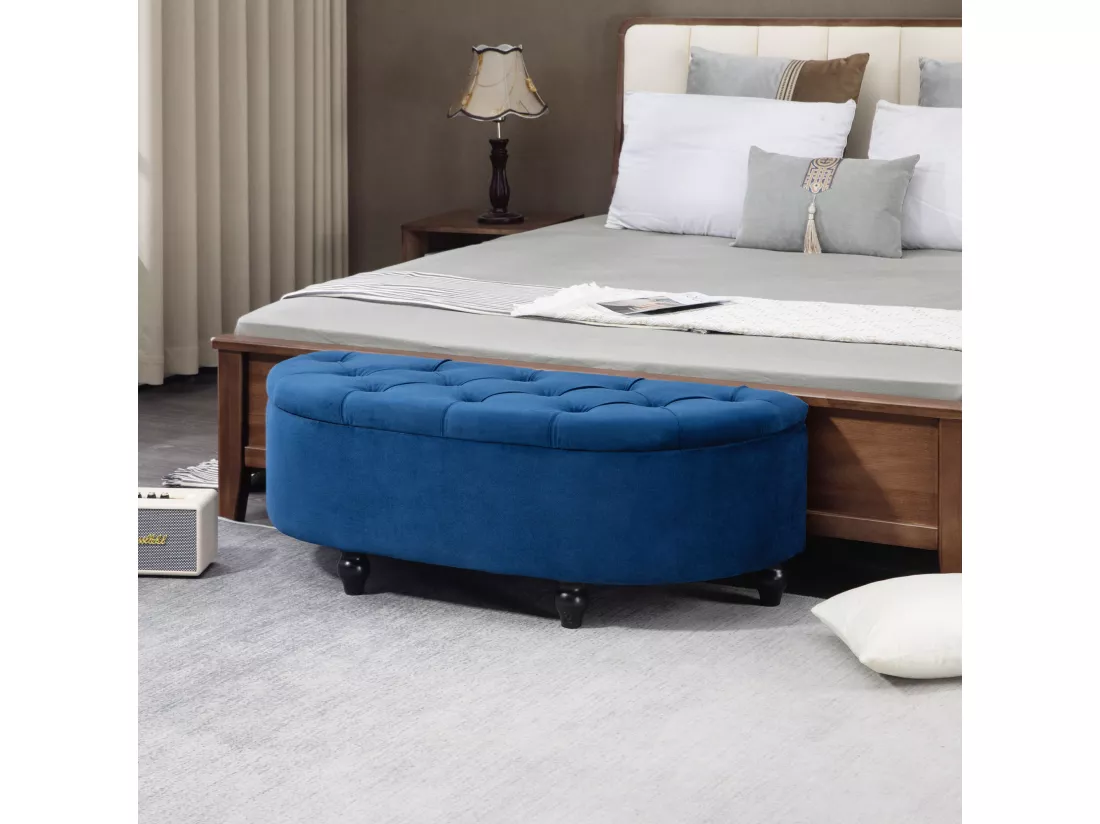 Pouf de rangement coffre 2 en 1 - pouf design classique chic capitonné demi-cercle - pieds bois hévéa noir revêtement velours bleu roi