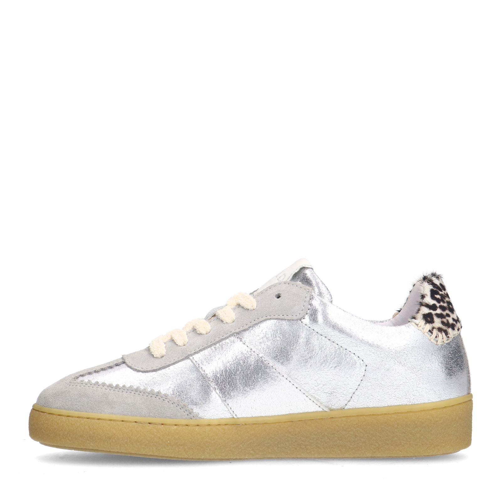 Zilveren leren sneakers met leopard details