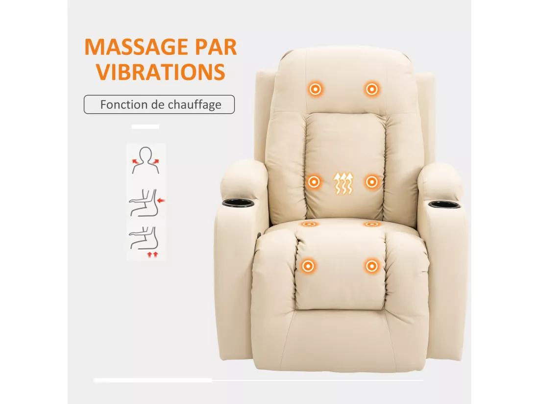 Fauteuil de massage et relaxation électrique chauffant inclinable manuellement repose-pied télécommande crème
