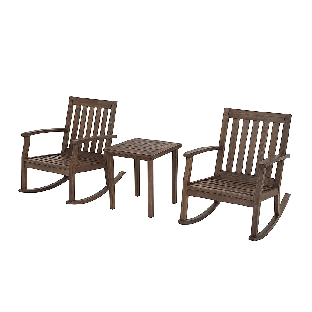 Ensemble de mobilier de jardin en bois avec deux fauteuils à bascule et table