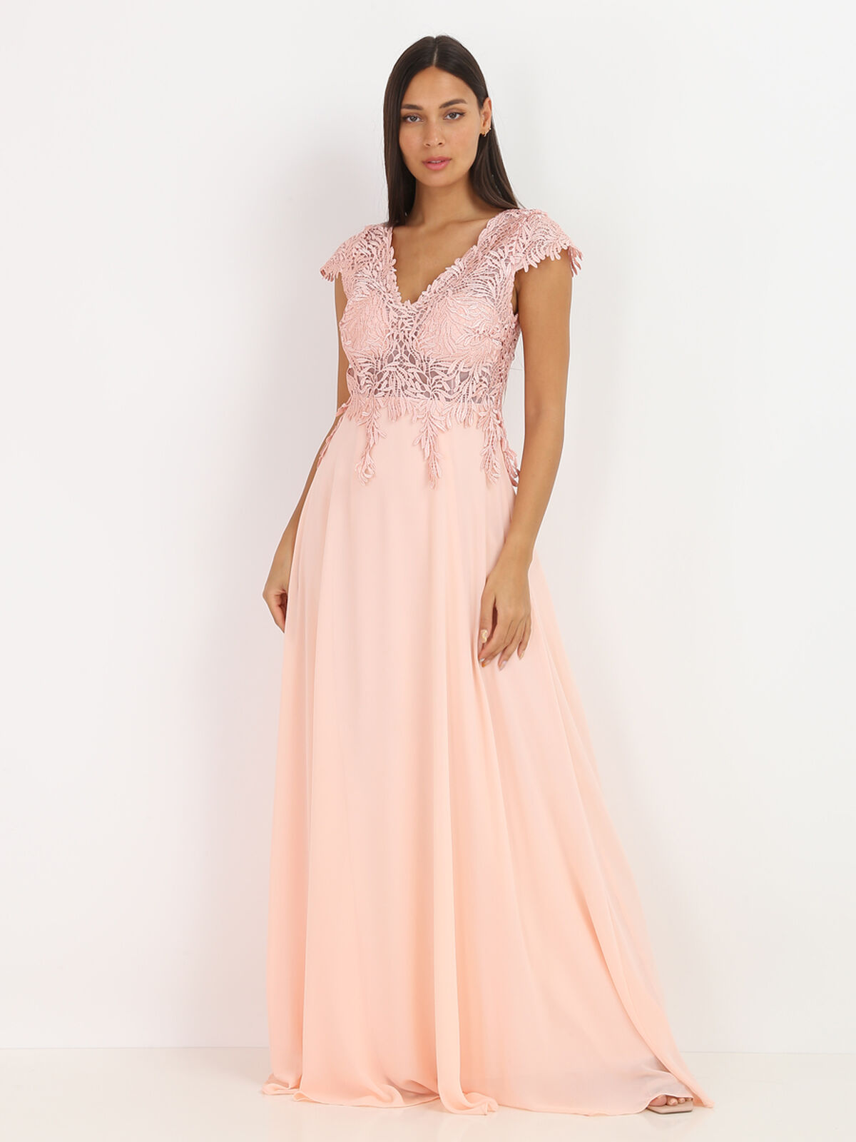 Robe longue dos nu à dentelle- Rose