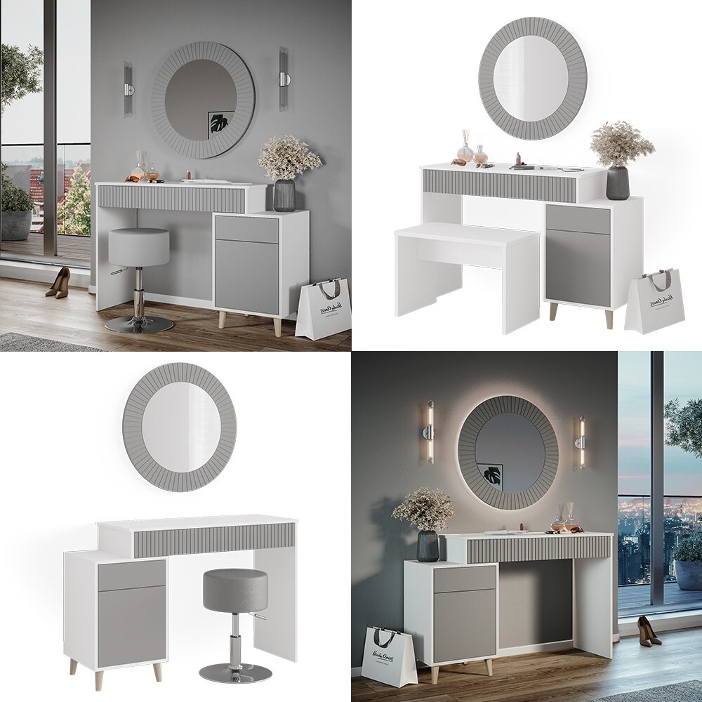 Vicco Schminktisch Frisiertisch Kosmetiktisch Arles Weiß Hellgrau Schminkspiegel Hocker 120x77 cm Skandi Schlafzimmerkommode Schminkkommode Schublade Ablage Aufbewahrung Frisierkommode Make-Up-Tisch