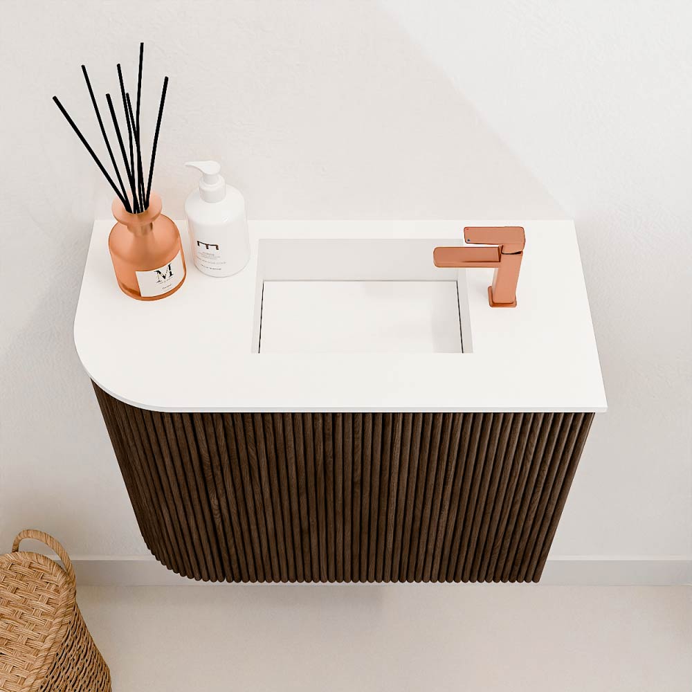 Mondiaz Joya 50cm toiletmeubel ronding links walnut met wastafel faye rechts 1 kraangat talc