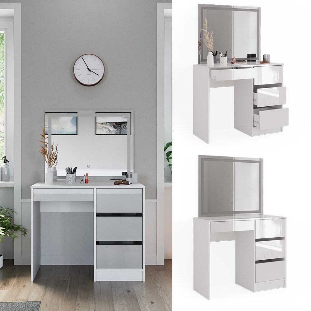 Vicco Schminktisch Sherry 90x75cm, Weiß Hochglanz, Kosmetiktisch mit LED-Spiegel