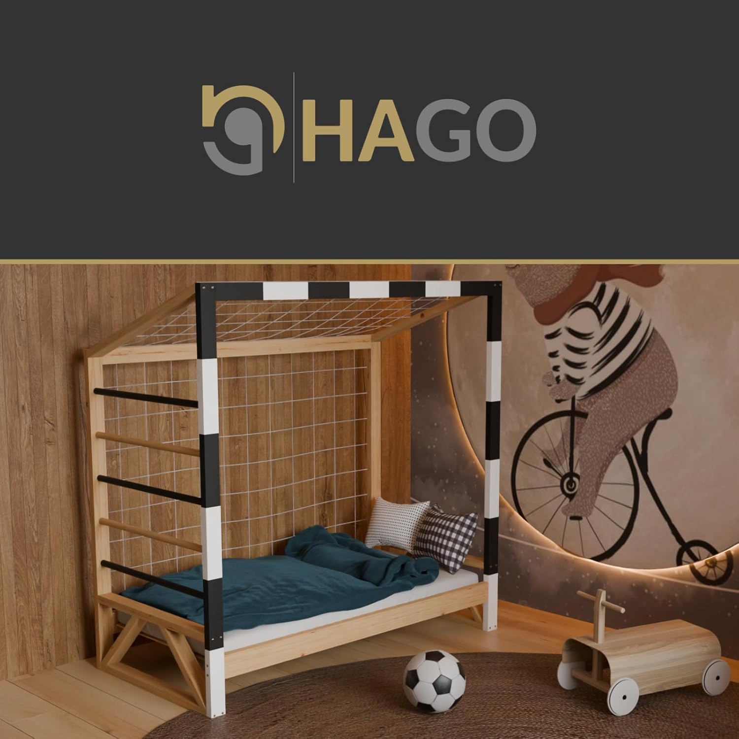 HAGO24 | Kinderbett Fußballtor | Kiefernholz | 70x140cm | Tornetz | Kletterstangen | Lattenrost | Holzrahmen | Kickerbett | Schwarz Weiß | Belastbar 80kg