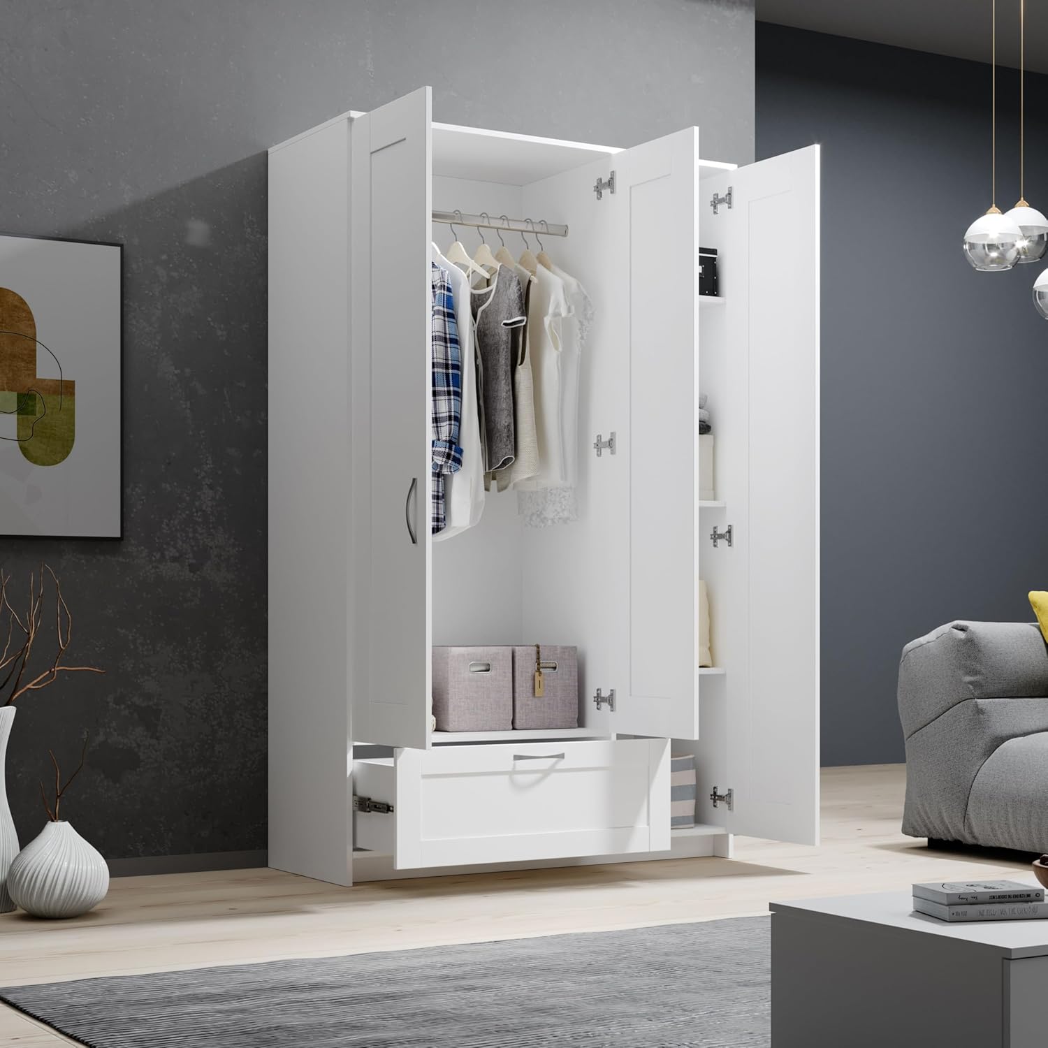Stella Trading LEPINI Kleiderschrank mit Spiegeltür in Weiß - Vielseitiger Drehtürenschrank 3-türig für Ihr Schlafzimmer - 117 x 191 x 50 cm (B/H/T)