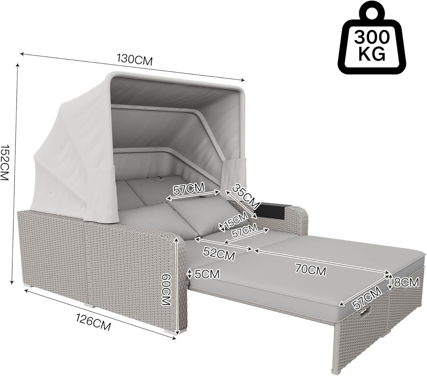 Polyrattan Gartenmöbel für 2 Personen, Gartensofa, Loungesofa, Abnehmbare Markise,Polyrattan und Schwamm,Grau,Khaki (Khaki)
