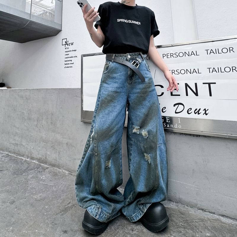 ravewider - Mid Rise Washed Distressed Wide Leg Jeans