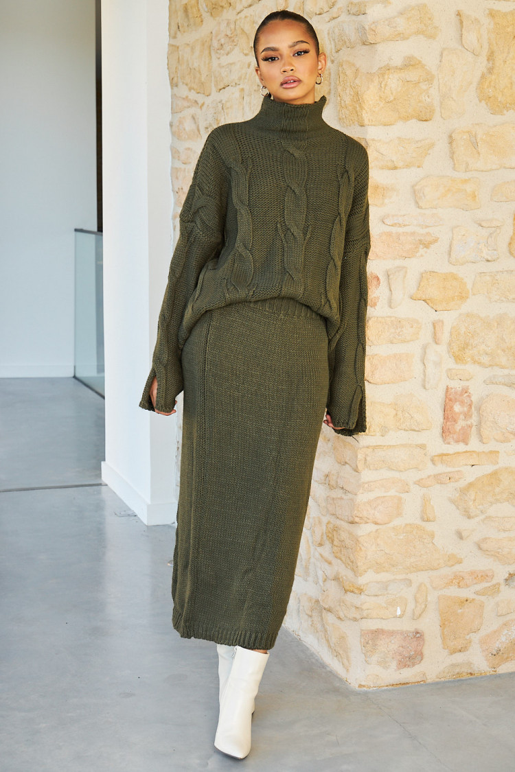 Ensemble 2 pièces pull + jupe en maille kaki