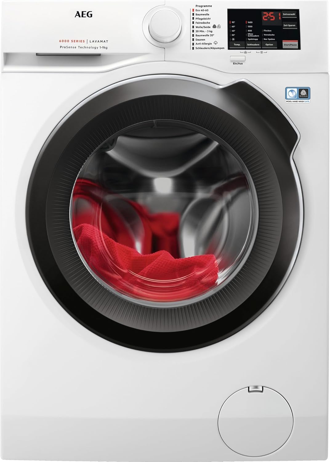 AEG Waschmaschine 9 kg, Serie 6000 ProSense: Mengenautomatik für automatische Anpassung von Waschdauer & Energieverbrauch, Startzeitvorwahl, Nachlegefunktion, Vollwasserschutz, 1400 U/min, L6AMZ49FL