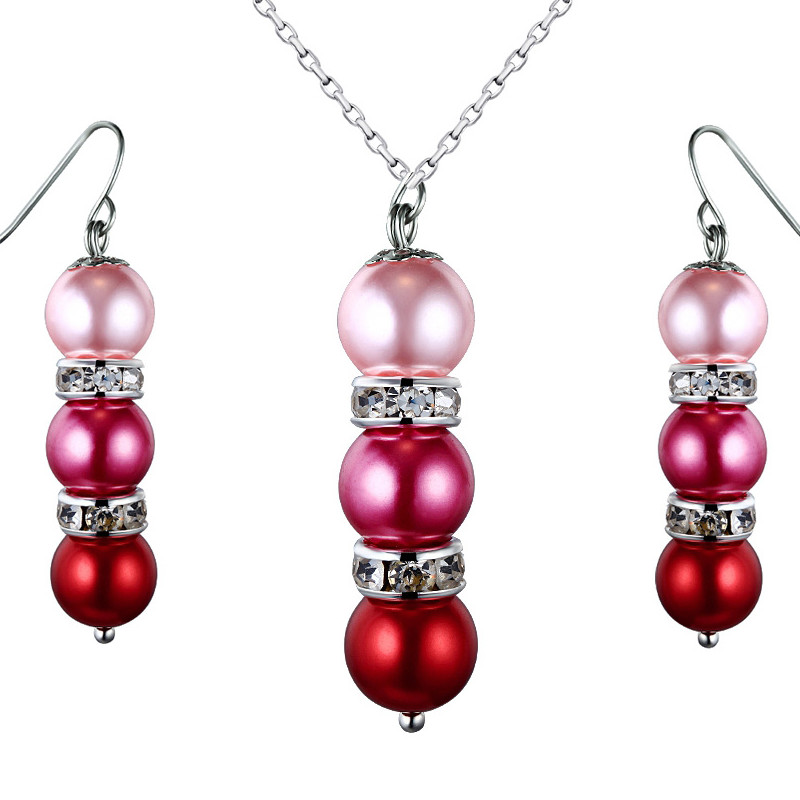 Parure Collier et Boucles d'oreilles Perles Roses, cristal et Plaqué Rhodium