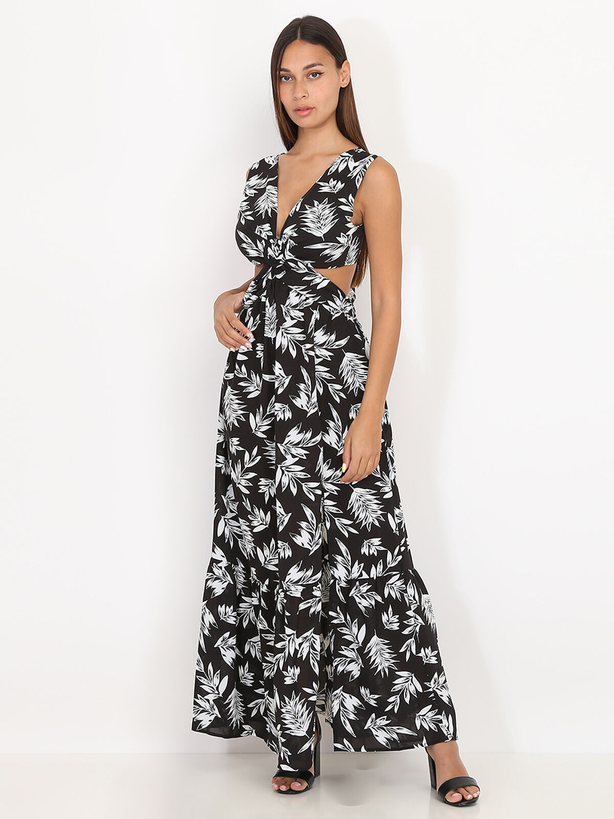 Robe cut out à imprimé feuilles- Noir