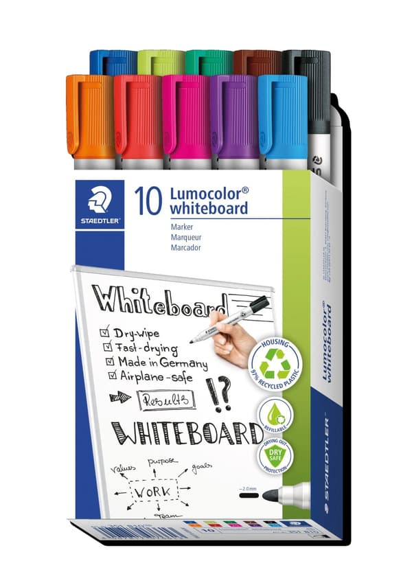 STAEDTLER Lumocolor 351 - Markør - for glass, whiteboard, porselen - assorterte farger - 2 mm (en pakke 10)