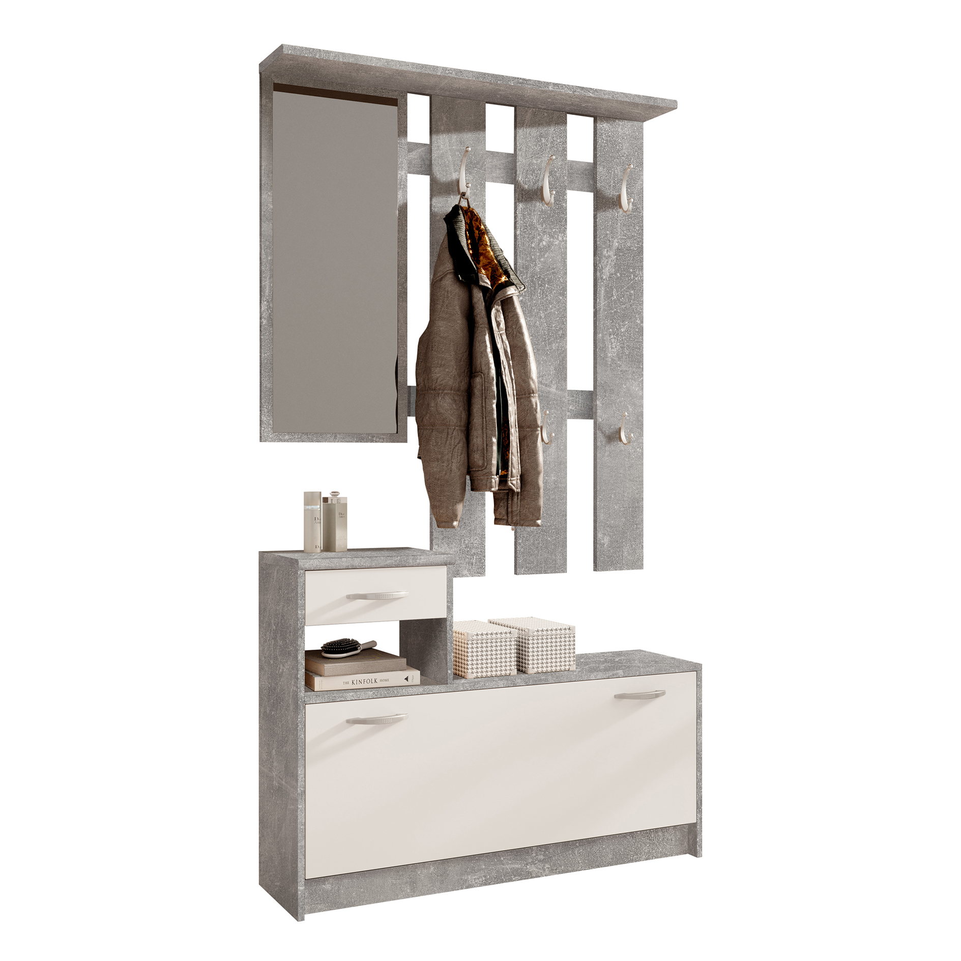 Garderobe - Betonoptik-weiß - mit Schubkasten