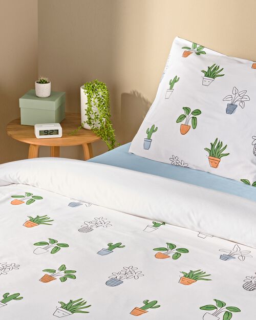 housse de couette en coton doux 140x200/220 plantes blanc
