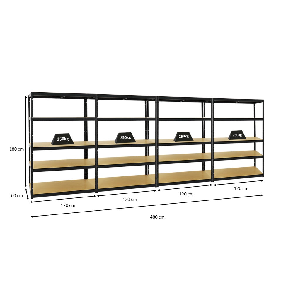 PROREGAL Mega Deal 4x Heavy-Duty Stellingkast Big Elephant M HxBxD 180 x 120 x 60 cm Plankbelasting 250 kg Zwart