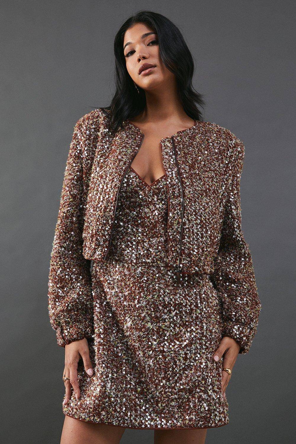 Warehouse Veste Cardigan Bomber à Sequins Bouclé