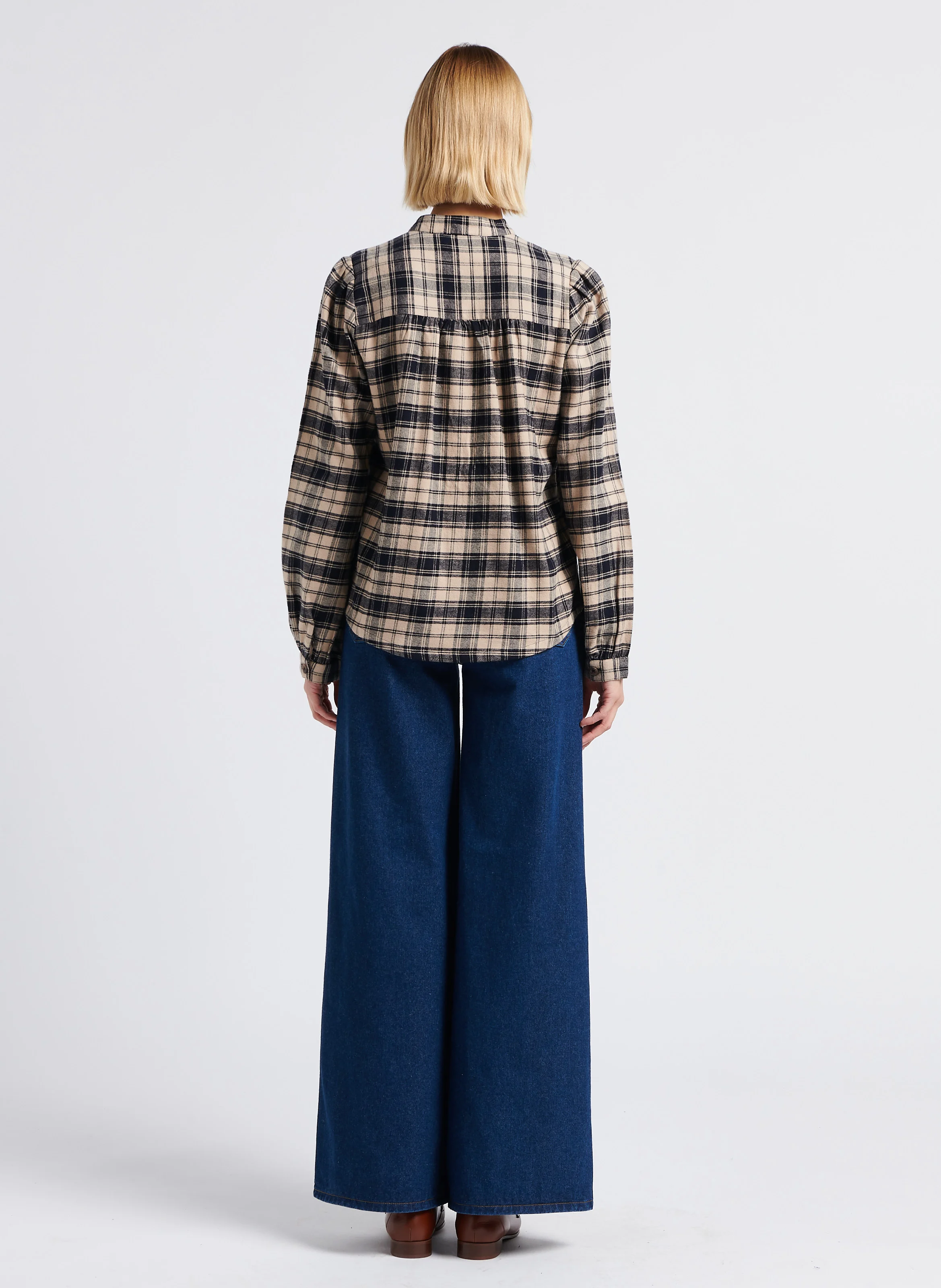 CHRONO - Blouse col rond à carreaux en coton| Noir