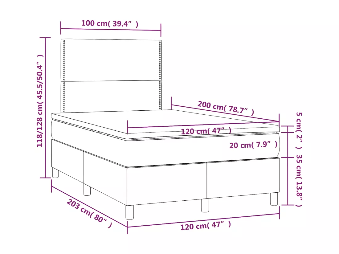 Sommier tapissier matelas et LED Gris 120x200 cm Similicuir