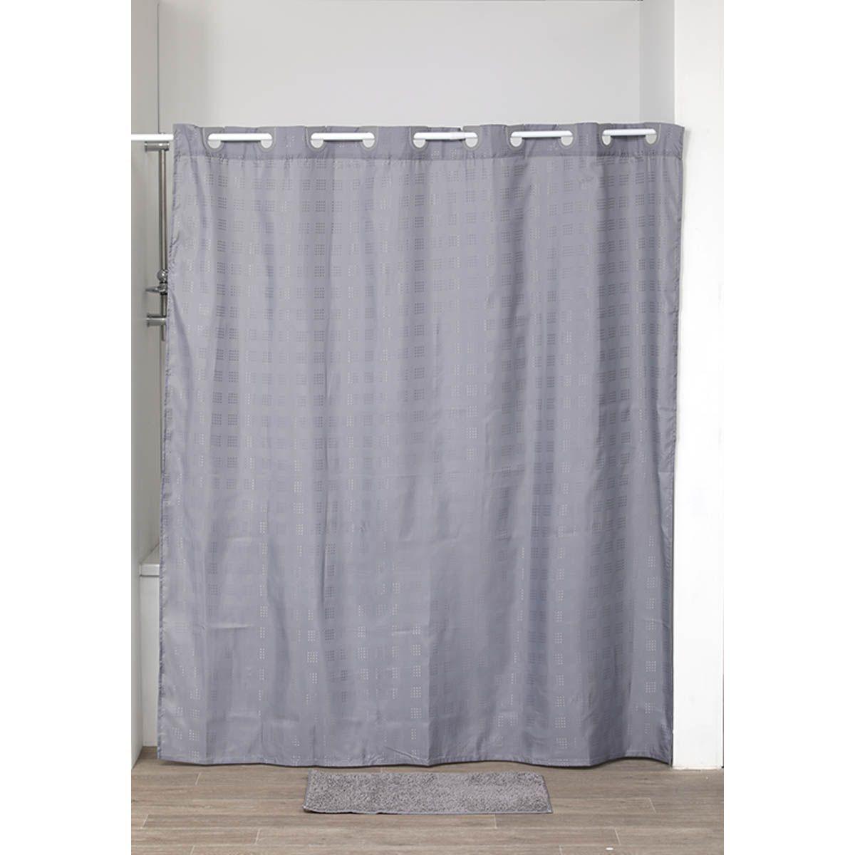 RIDEAU DE DOUCHE POLYESTER MOTIF CARRE ANNEAUX INTEGRES 180X