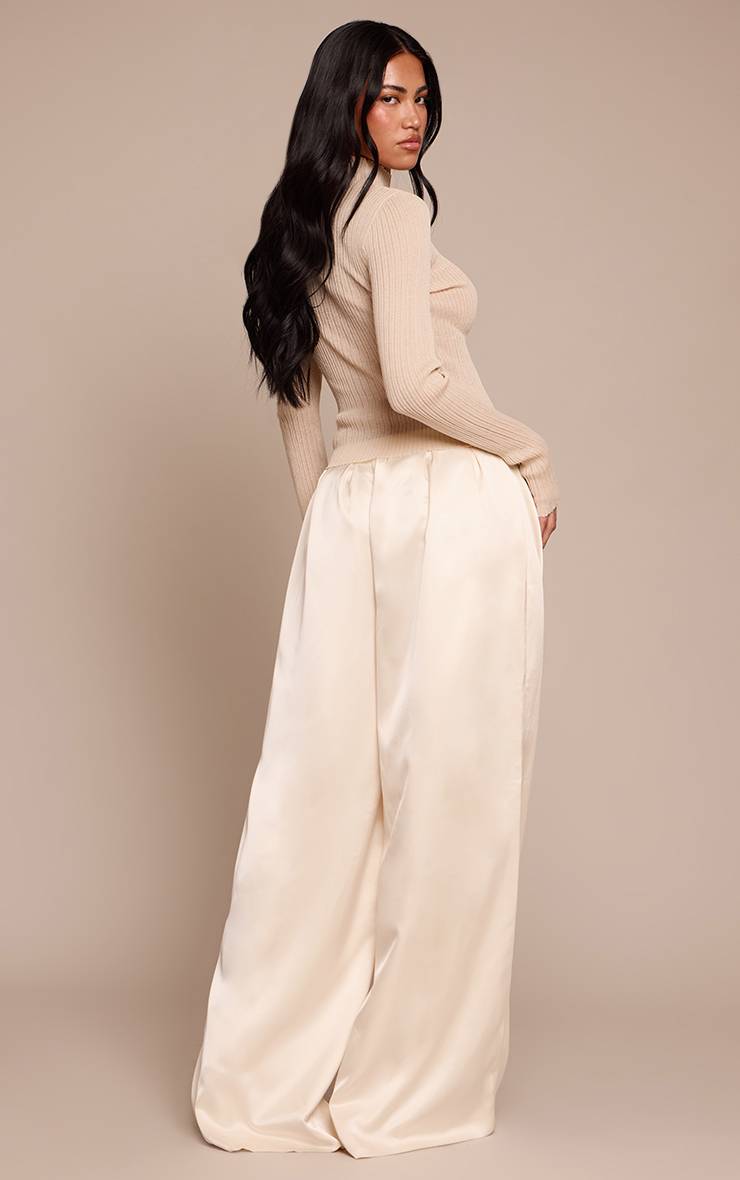 Crème Pantalon Large Plissé En Satin