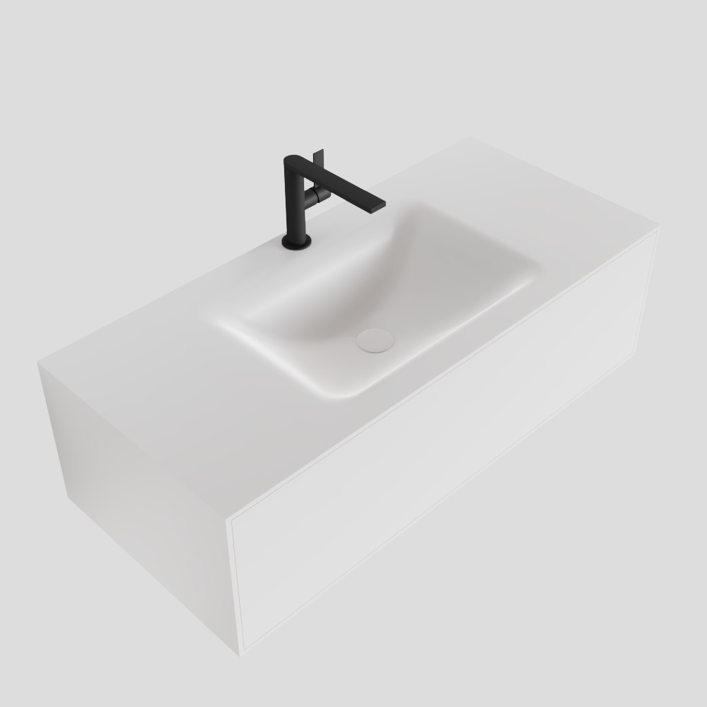 SCHADEMODEL: Zaro Lagom volledig naadloos solid surface onderkast 100cm mat wit met 1 lade Push tot open. Compleet met solid surface wastafel met 1 kraangat(en)