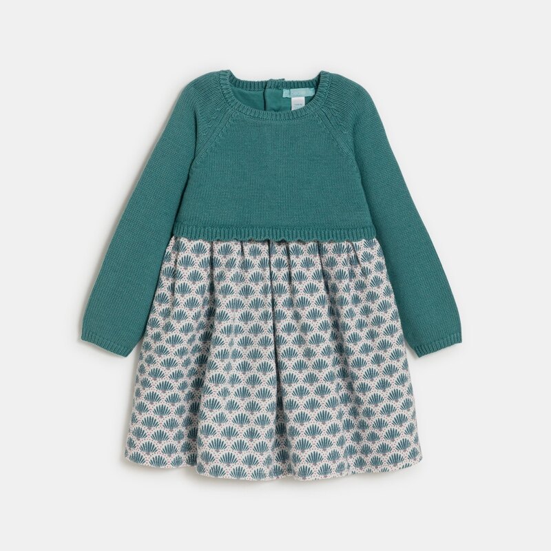 Robe bi-matière maille tricot et seersucker vert bébé fille Vert