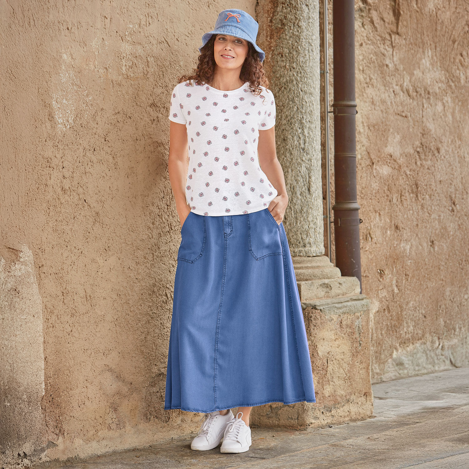 Jeans Fischerhut mit gestickter Schleife
