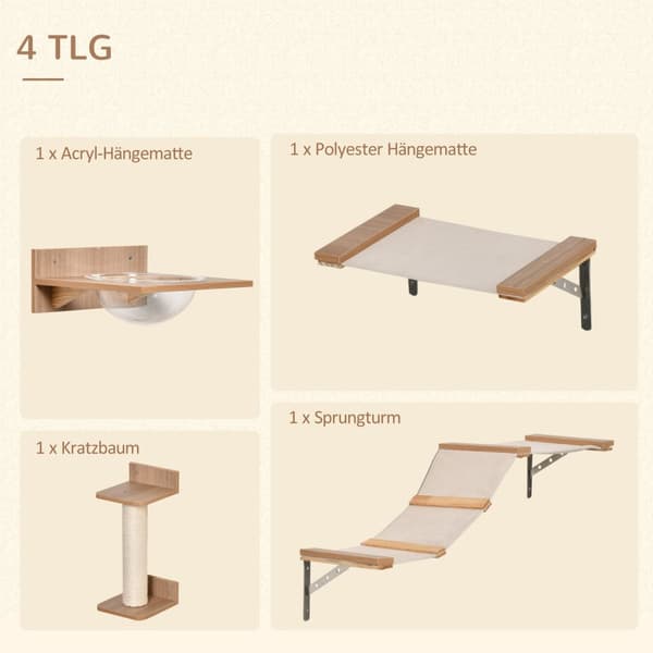 Sett For Katter Med Skrapestolpe, Kattetrapp Og Hengekøye, Lysebrun, Sisal, Akryl, Furu