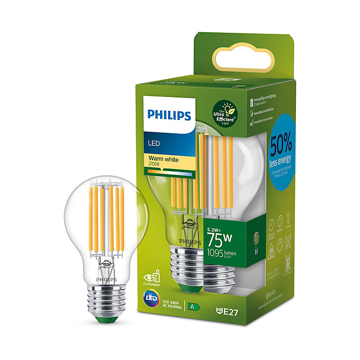 Ampoule LED A60 E27 1095lm=75W blanc chaud Philips ⌀6 cm transparent