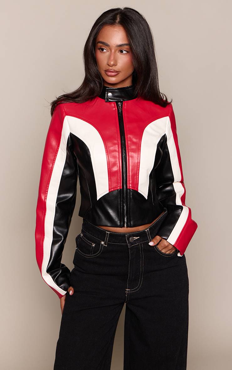 Noir Veste De Motard Petite En Synthétiquecuir À Bandes Contrastées