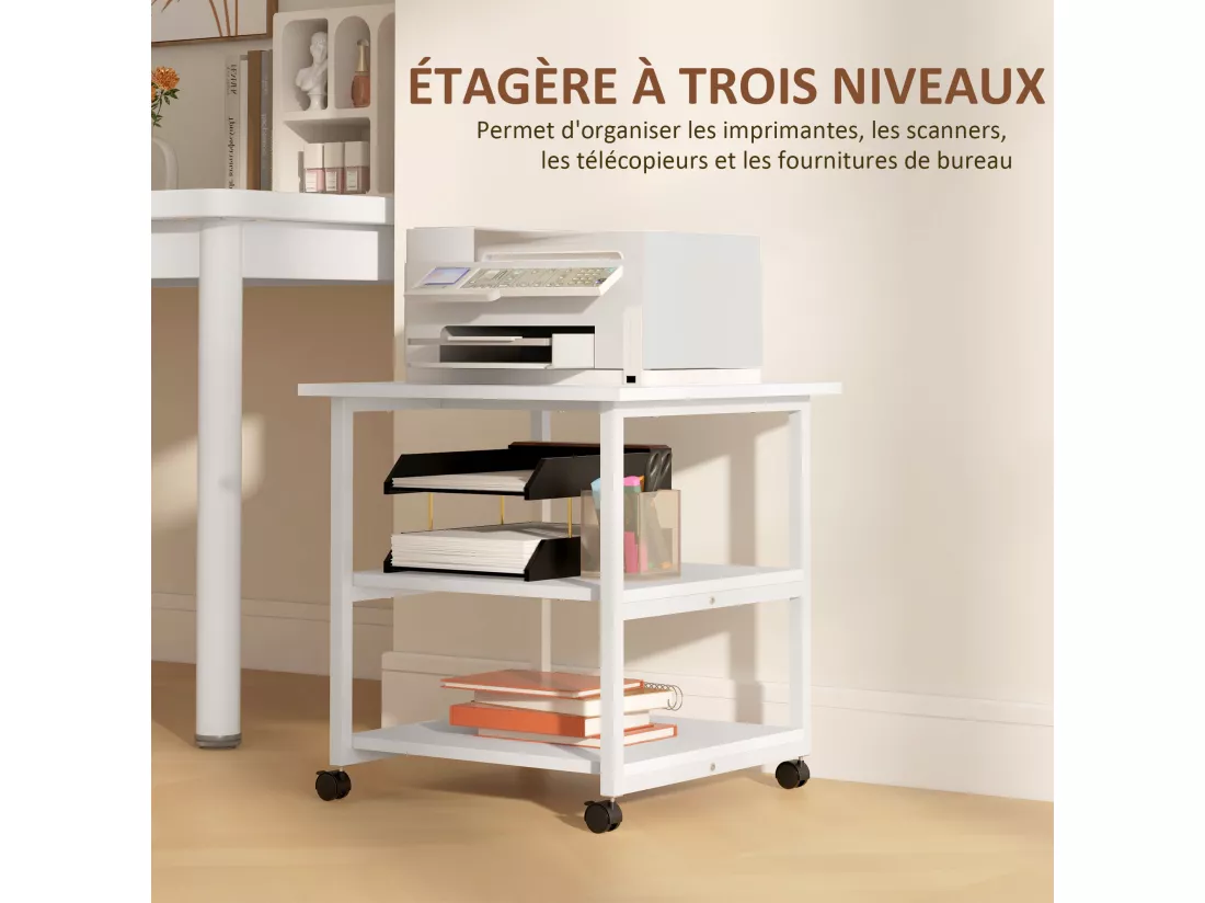 Support d'imprimante desserte de rangement 3 niveaux plateau 2 étagères acier panneaux blanc