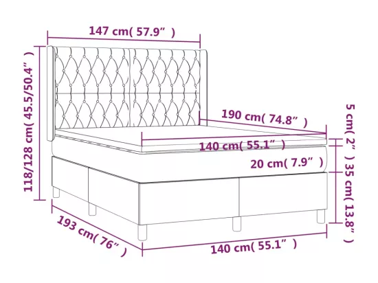 Sommier tapissier et matelas et LED Gris foncé 140x190 cm Tissu